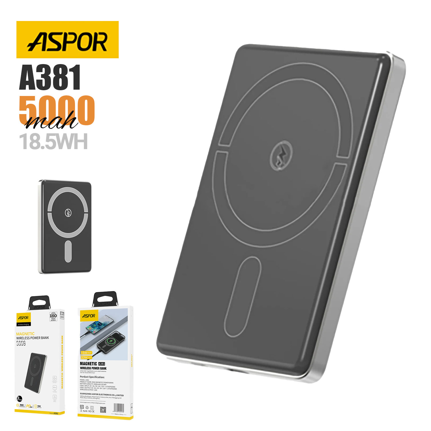 Aspor A381 Magnetic Portable Mini 5000mAh Wireless Power Bank
