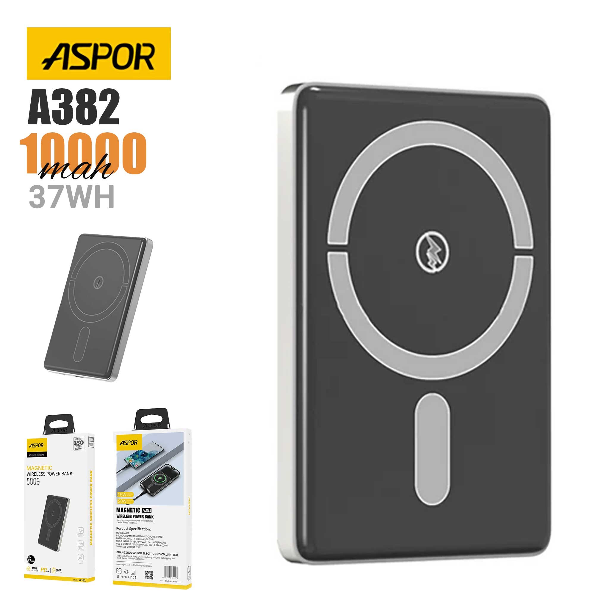 Aspor A382 Wireless Magnetic Portable Mini 10000mAh Wireless Power Bank