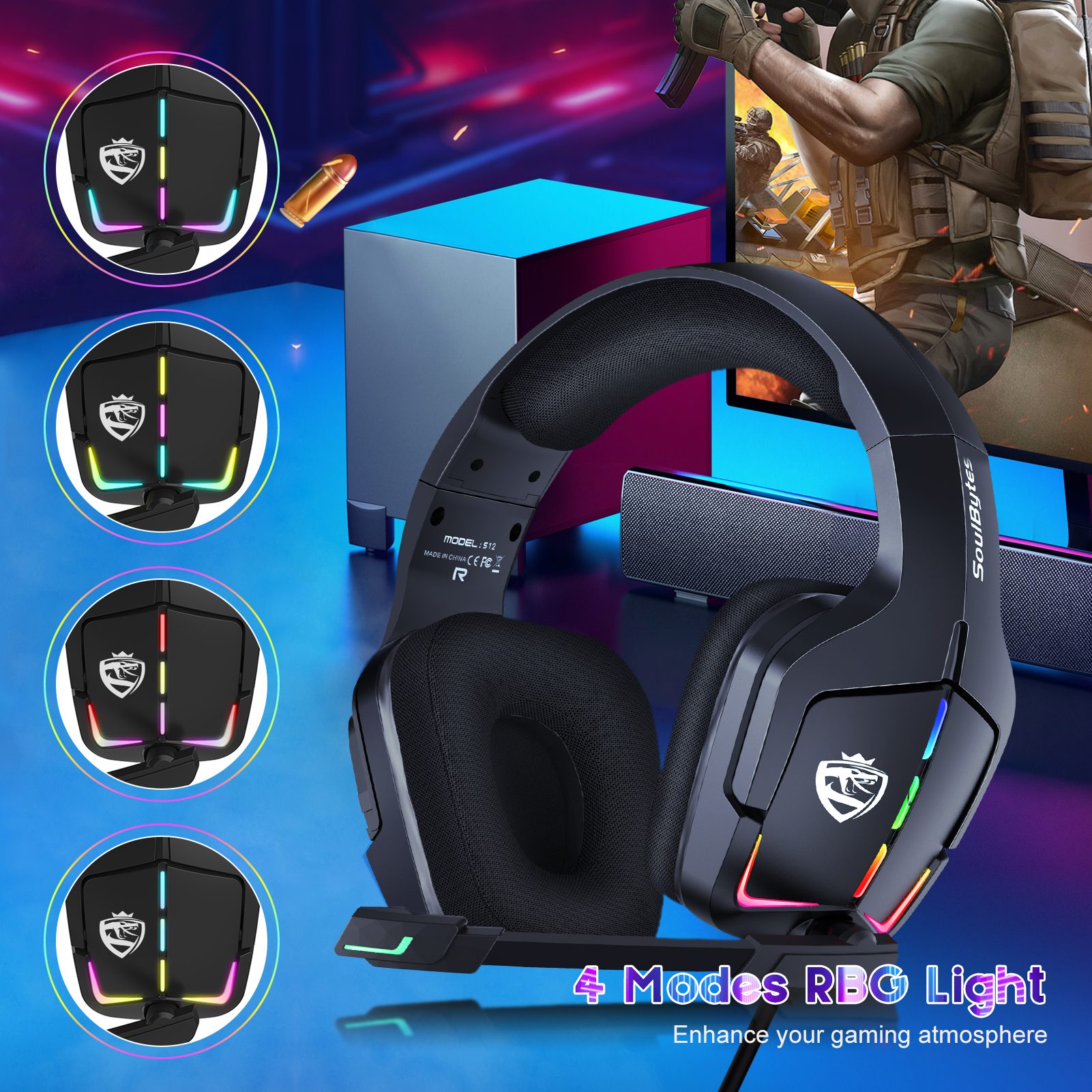 Soulbytes S12 PS4 PS5 PC Xbox One Switch with Microphone Dynamic RGB LED Effect 3.5mm Wired Stereo Bass Over Ear Mic Gaming Headphones